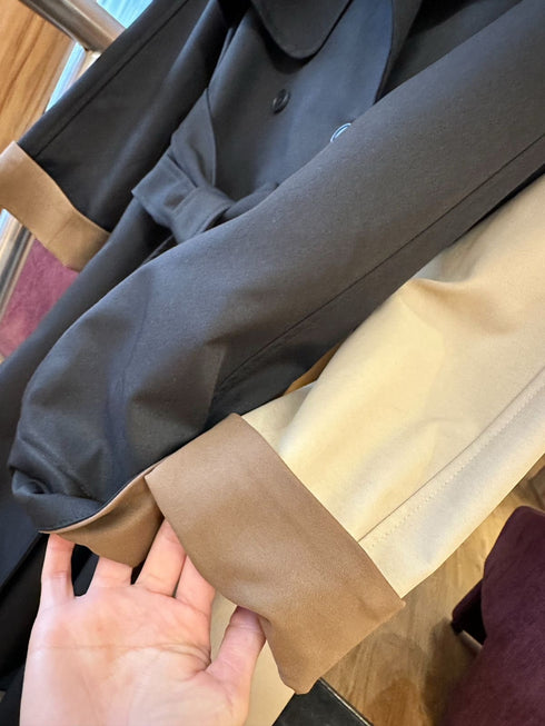 Women Double Breasted Collar Down Color Contrast Trench Coat